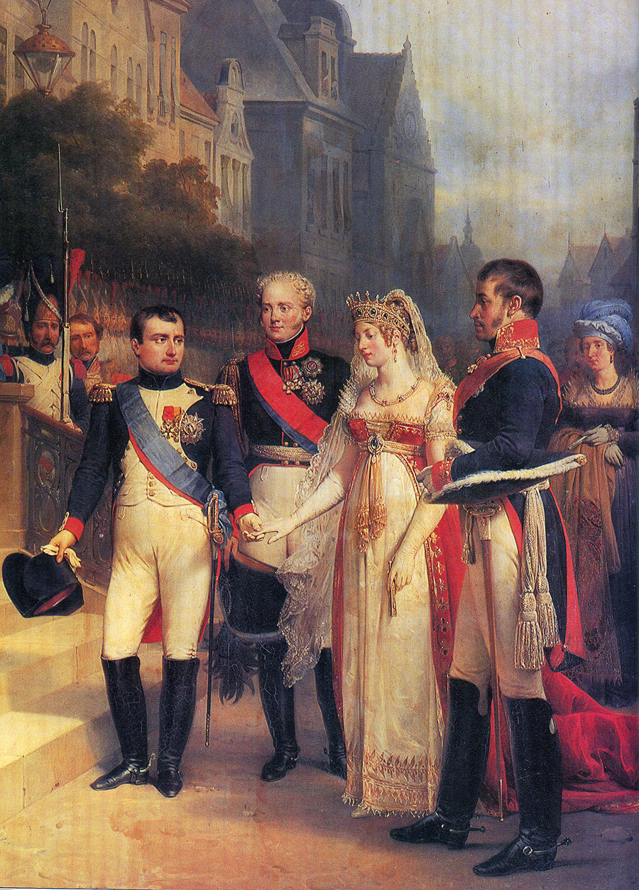 Никола Госе: „Тилзитска средба: Наполеон, рускиот цар Александар Први, Луиза и Фридрих Вилхелм III, кралот на Прусија“, 1807.  