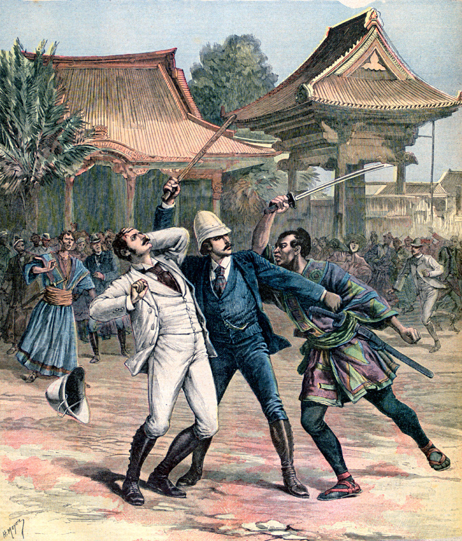 Il fallito tentativo di omicidio dello zarevic Nicola di Russia, a Ōtsu, Giappone, 1891. Stampa da un supplemento al “Le Petit Journal”, 30 maggio 1891