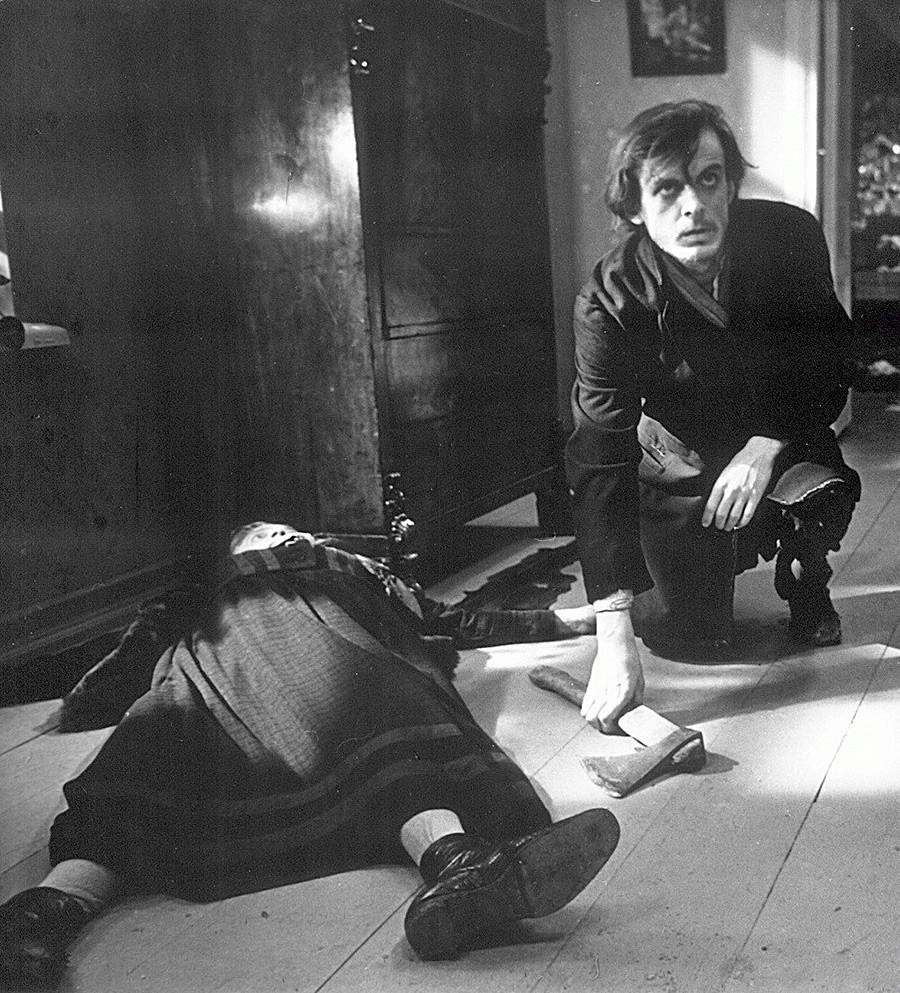 A scene from the Soviet ecranisation of Crime and Punishment (1969): Raskolnikov near the dead body of a woman he killed.