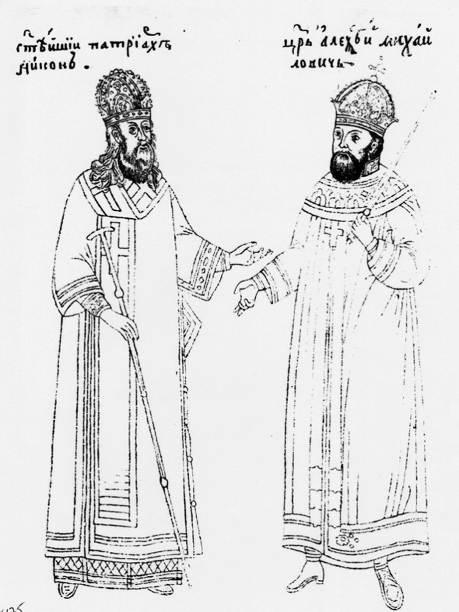 Patriark Nikon (kiri) dan Tsar Alexis dari Rusia (kanan). 