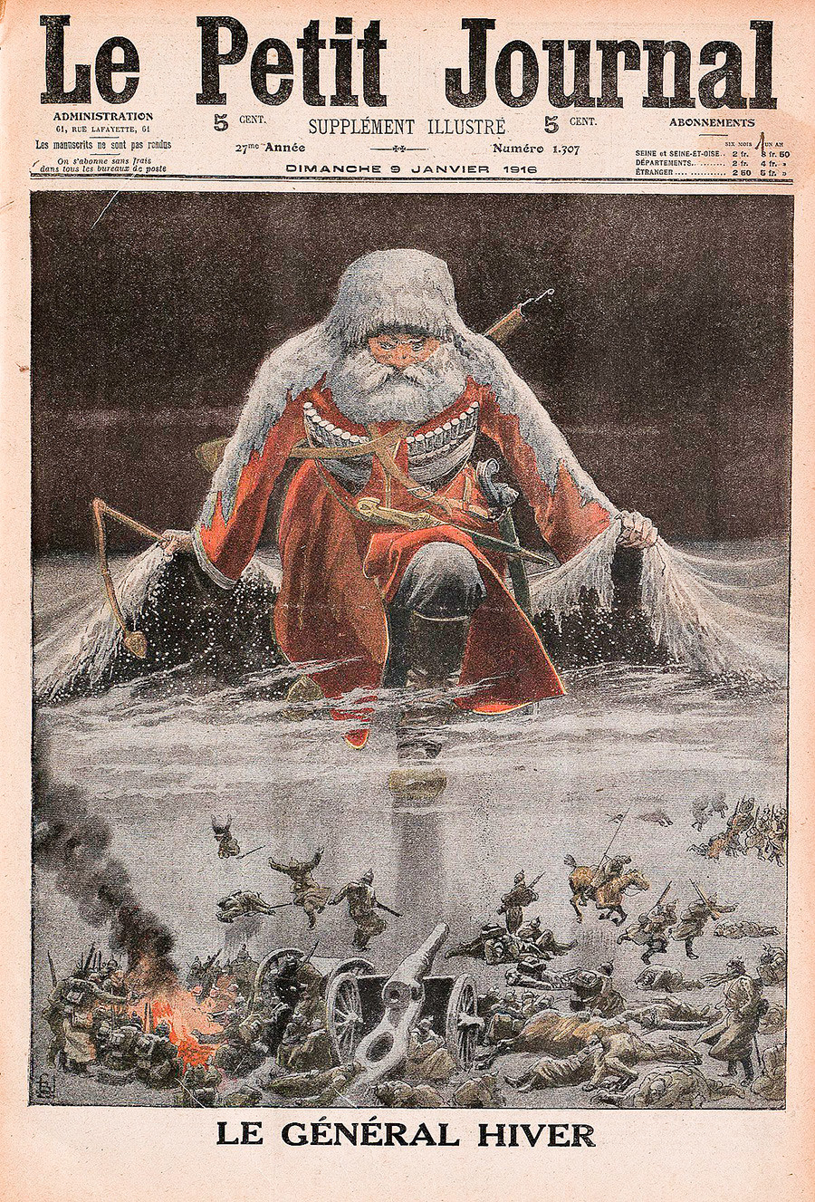 ドイツ軍を攻撃するロシアの「冬将軍」を描いたLe Petit Journalの表紙。1916年1月9日。