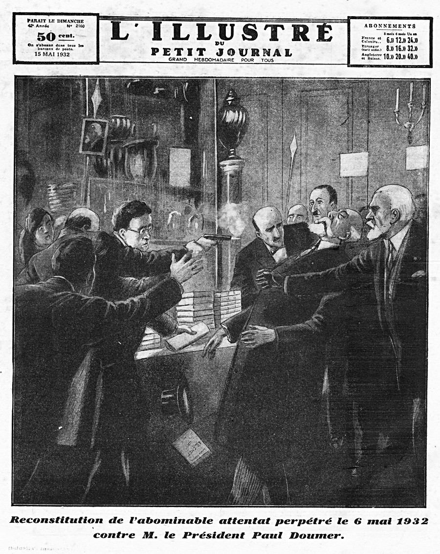 Rekonstrukcija atentata, kot je bila prikazana na naslovnici francoskega časnika Lillustre du petit journal, 1932