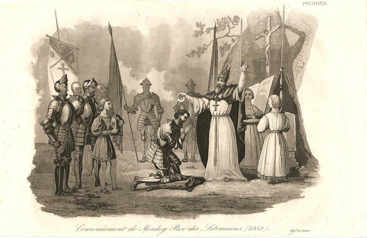 Coronación de Mindaugas. La pintura de un libro de Leonard Chodźko (1824)