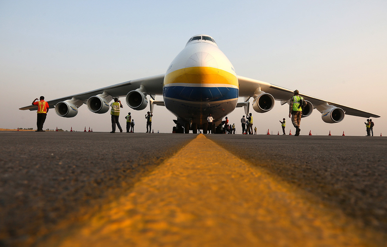 AN-225 Mriya lands for a technical halt at Rajiv Gandhi International airport in Hyderabad, India
