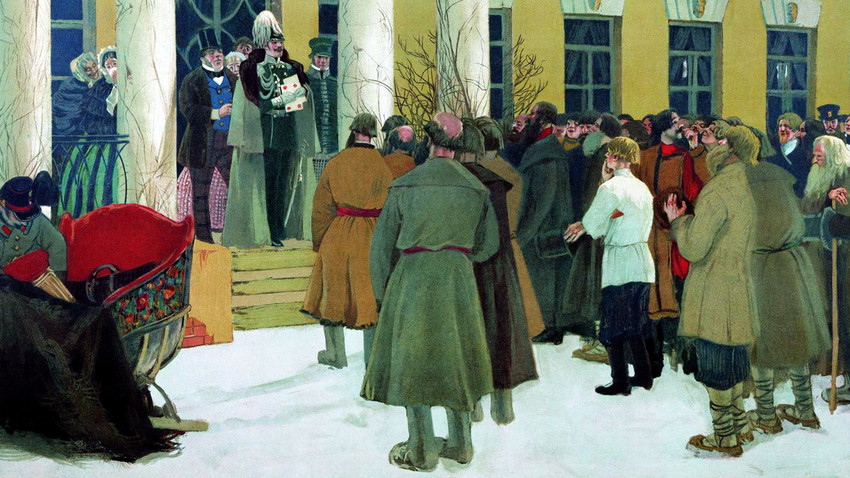 『農奴解放令の布告を聞く農民たち』ボリス・クストーディエフ, 1907