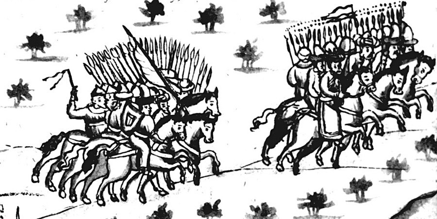 Kan Kučum beži iz Kašlika (ilustracija iz letopisa Remezova, 17. stoletja)