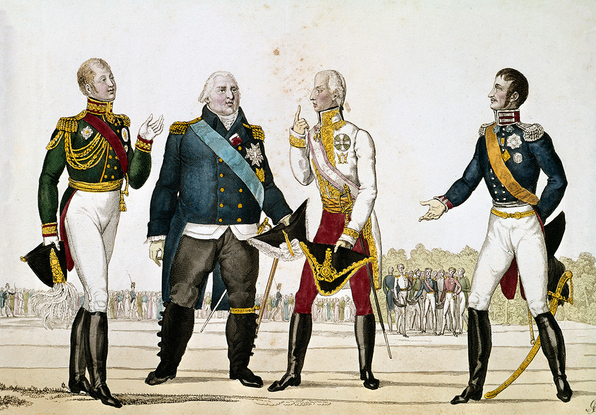 Ruski car Aleksander I., francoski kralj Ludvik XVIII., avstrijski cesar Franc I. in pruski kralj Friderik Viljem III.