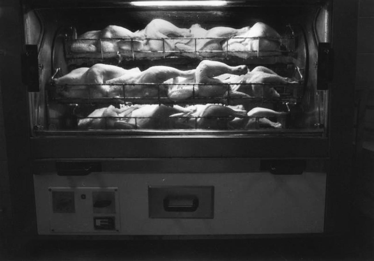 ‘Pollo asado’, uno de los platos para llevar más populares de la URSS (1986) Bueno, no se podía comer andando, pero estaba envuelto en papel de aluminio y era una opción especialmente popular como cena durante un viaje en tren).
