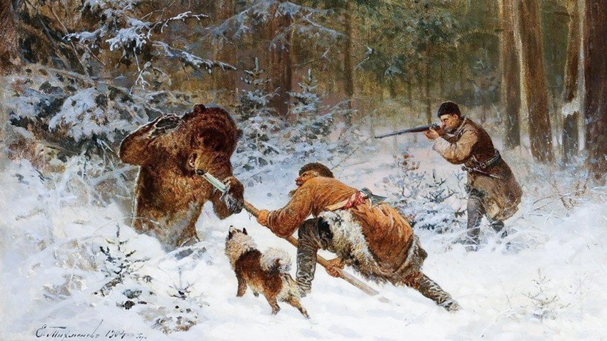 Jagd auf einen Bären mit Rogatina.