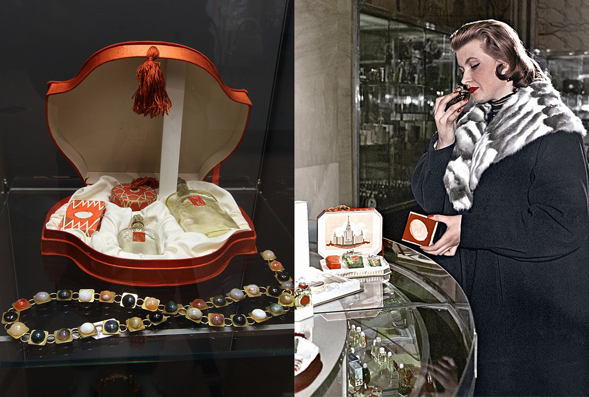 A la izquierda: Conjunto de perfumes ‘Moscú Rojo’. A la derecha: Una mujer en una perfumería de Moscú eligiendo un perfume, 1958