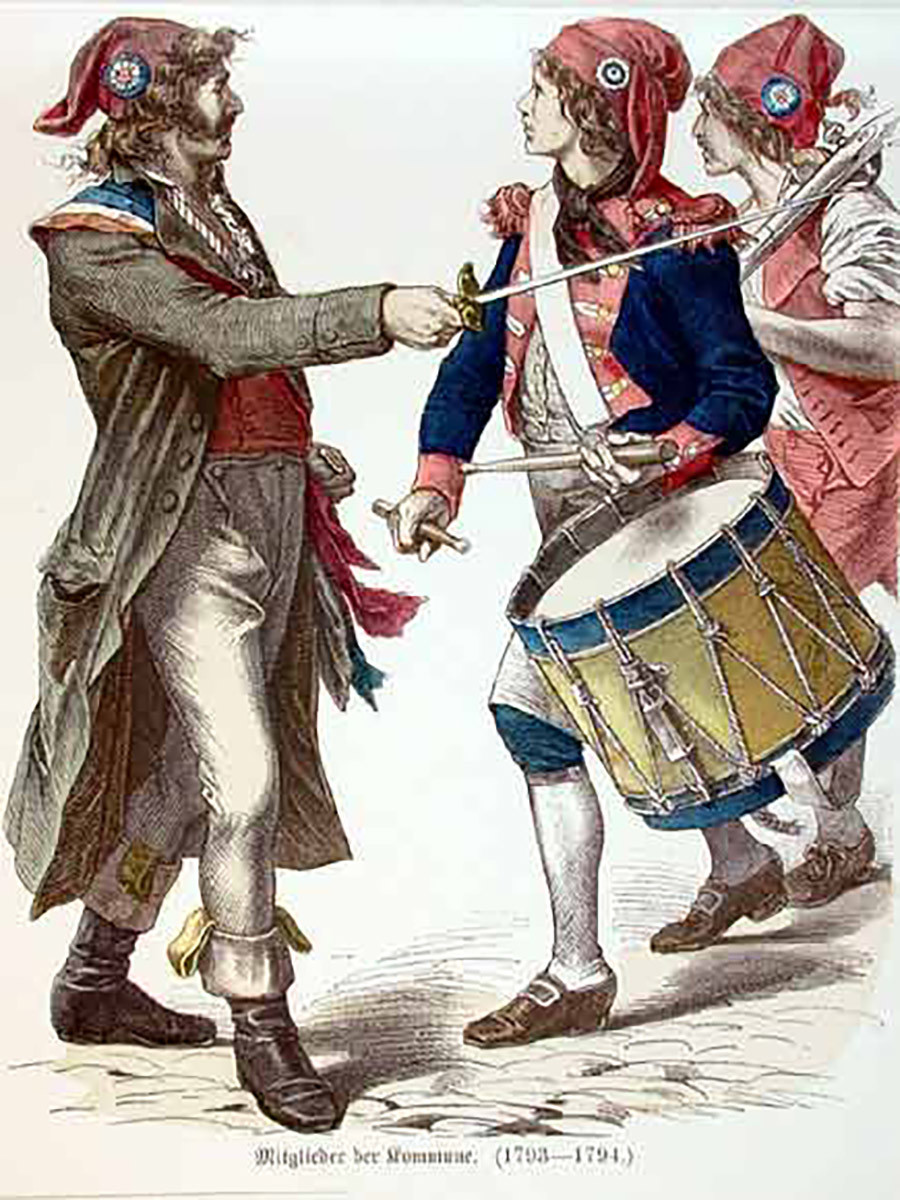 Révolutionnaires français portant le bonnet phrygien et des cocardes tricolores