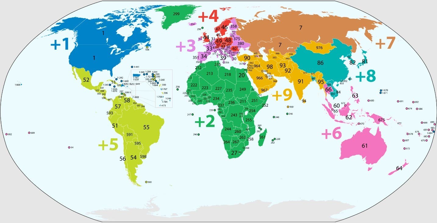 Карта на светот со распоред на повикувачките броеви на сите држави.

