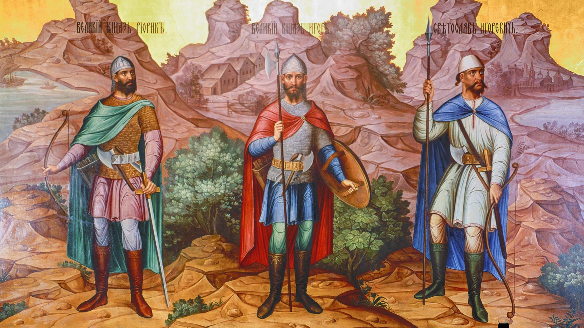Veliki knez Rjurik, veliki knez Igor in Igor Svjatoslavovič. Reprodukcija fragmenta stenske freske v Kremlju