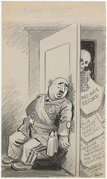 Caricatura del dibujante estadounidense John F. Knott (1945) en el que aparece un general Franco, con la esvástica nazi, que se ve amenazado por su colaboración con las potencias del Eje en la Segunda Guerra Mundial, como las declaraciones a favor de la victoria de la Alemania nazi 