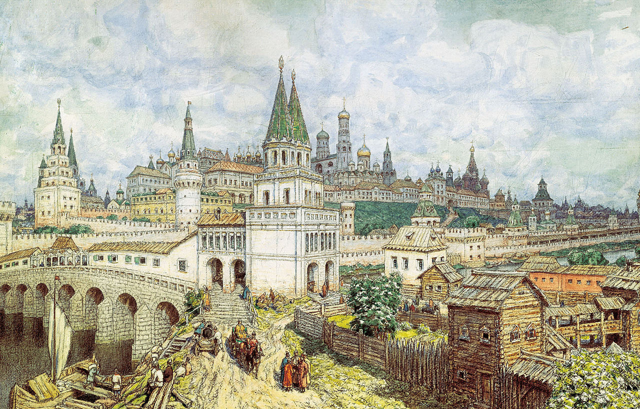 Jembatan Semua Santo dan Kremlin pada akhir abad ke-17 dalam lukisan “Masa kejayaan Kremlin” karya pelukis Apollinary Vasnetsov (1922).