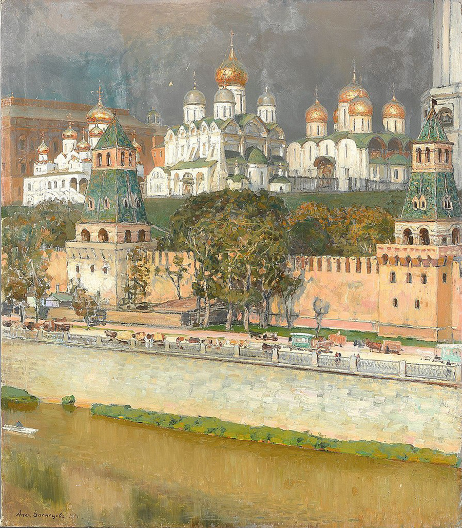 Pemandangan katedral-katedral di dalam Kremlin Moskow karya Apollinary Vasnetsov (1894).