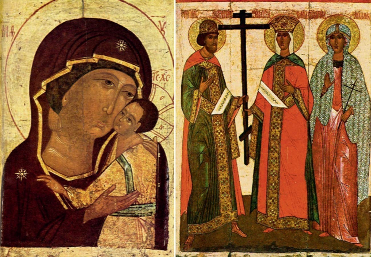 Ikona Matere božje z otrokom (levo) in ikona sveti cesar Konstantin in njegova mati Helena, sveta Agata
