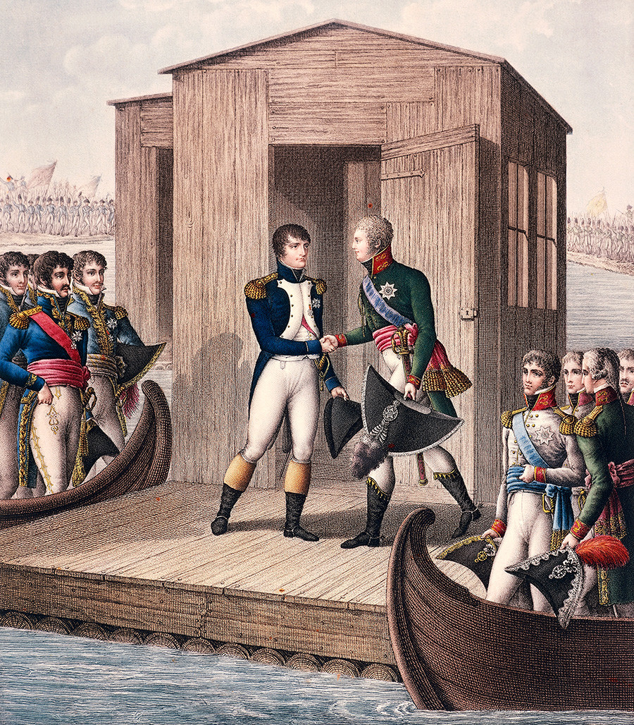 ティルジットで会ったナポレオン（左）とアレクサンドル1世（右）、1807年6月25日