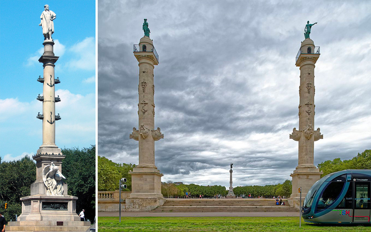 El monumento de Columbus Circle (Izquierda) y las columnas rostrales en el Burdeos francés, en la plaza de los Quinconces