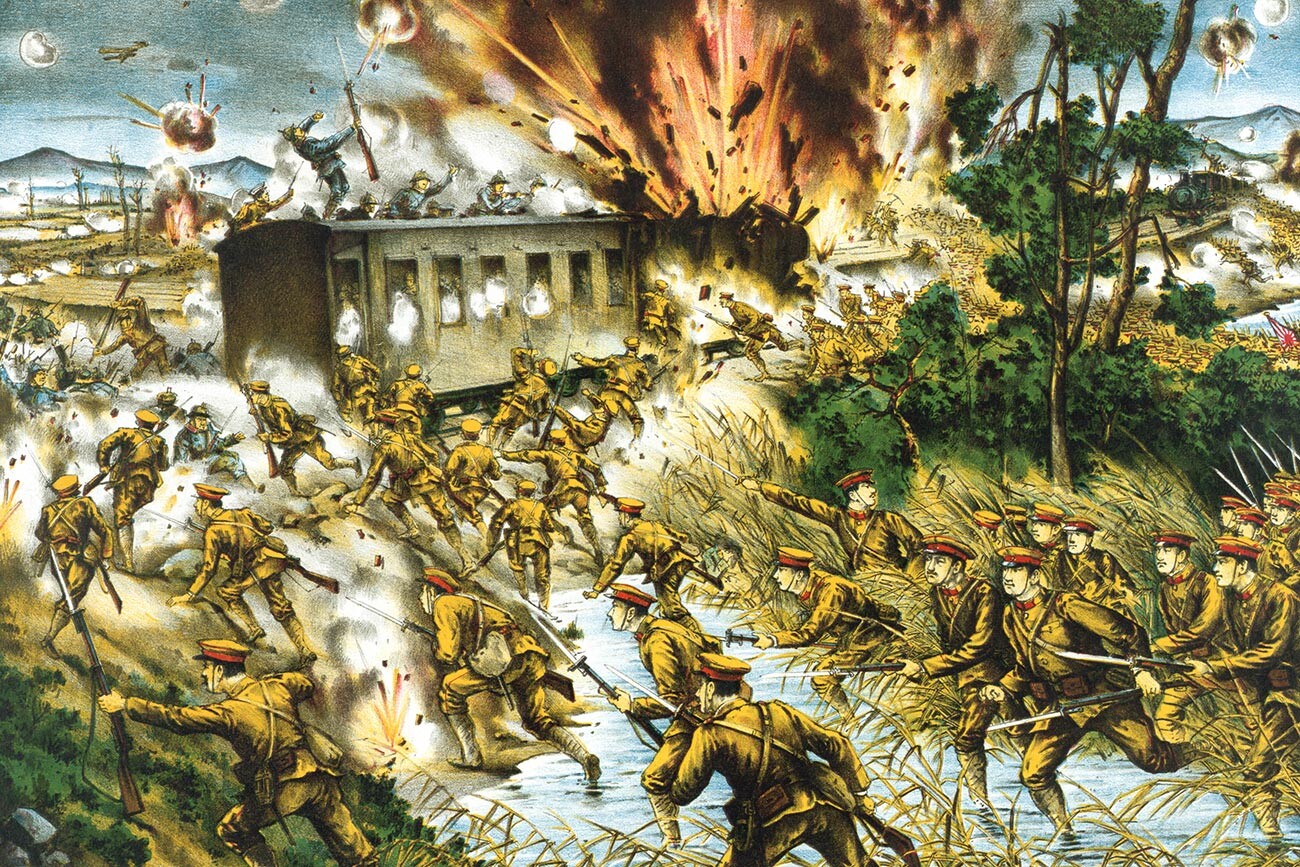 Los japoneses atacan a las fuerzas comunistas rusas en un tren a lo largo del río Amur.
