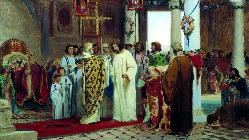 „Покрстувањето на киевскиот кнез Владимир Велики во 987 година“, 1883 година, Фјодор Андреевич Борников (1827-1902). Збирка на регионалниот музеј во Шадринск.

