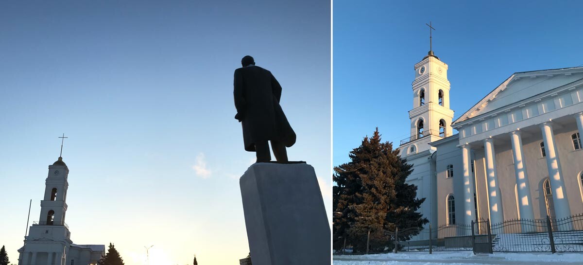 Лютеранская церковь в центре Маркса и памятник Владимиру Ленину напротив.