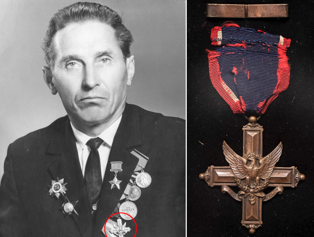Слева: Герой Советского Союза Федор Леонтьевич Трофимов. Справа: Крест «За выдающиеся заслуги».