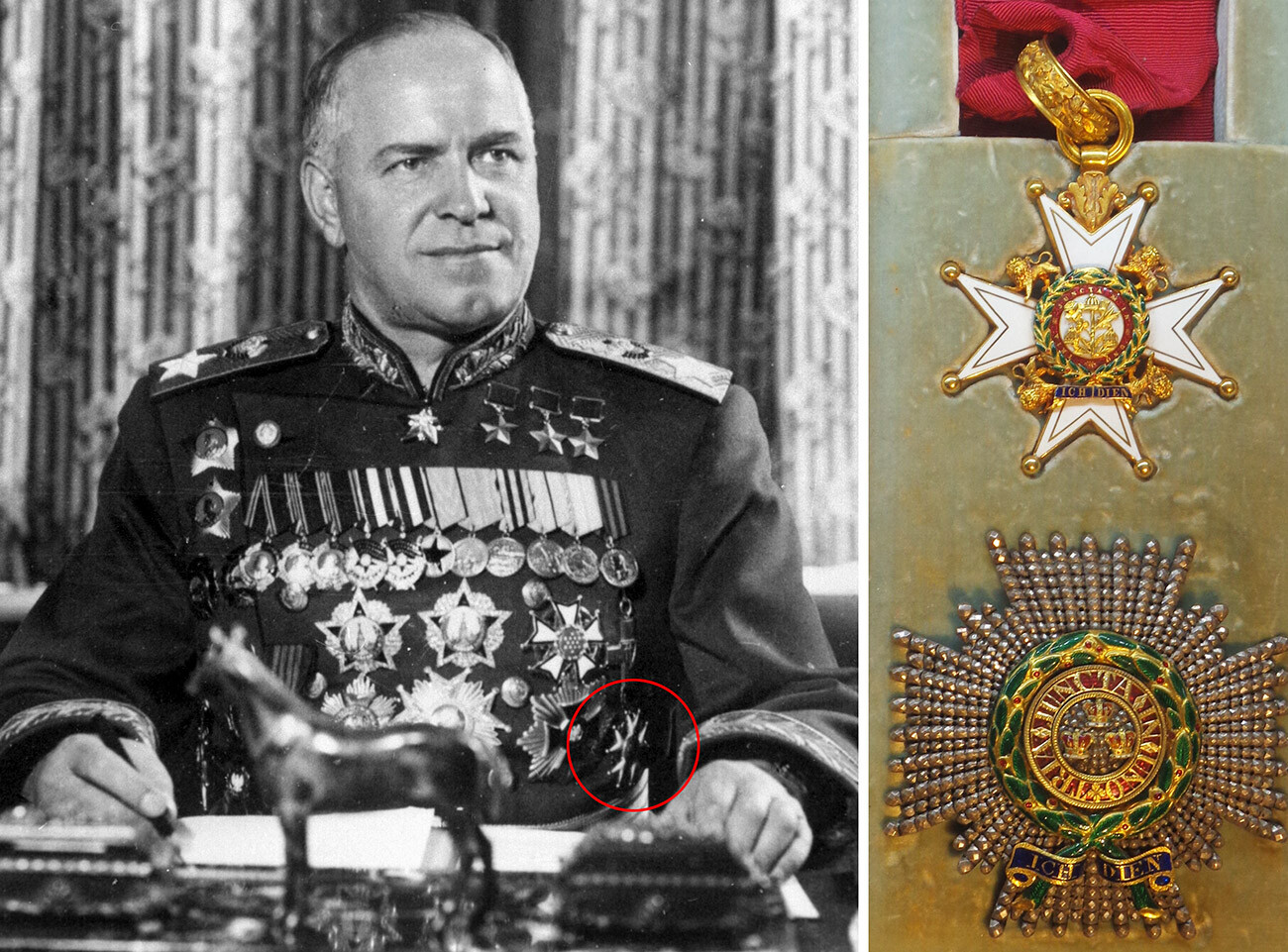Слева: Маршал Советского Союза Георгий Жуков. Справа: Орден Бани.