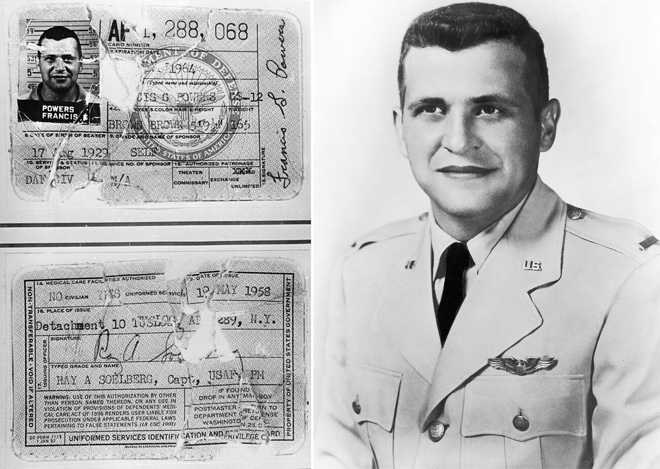 Militärischer Ausweis (Vorder- und Rückseite) von Francis Gary Powers // Porträt des amerikanischen Piloten Francis Gary Powers (1929-1977).