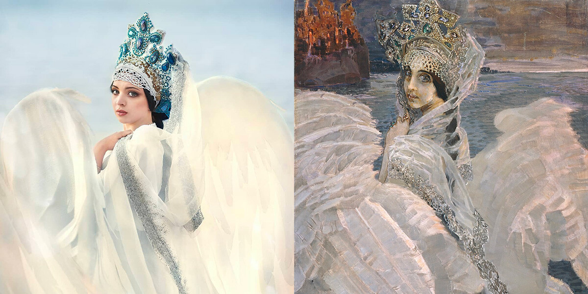 Слева - кокошник «Царевна-лебедь», справа - одноименная картина Михаила Врубеля