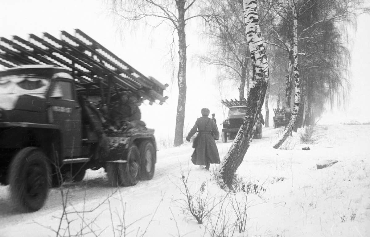 Katyusha rocket artillery installed on the Studebaker trucks.