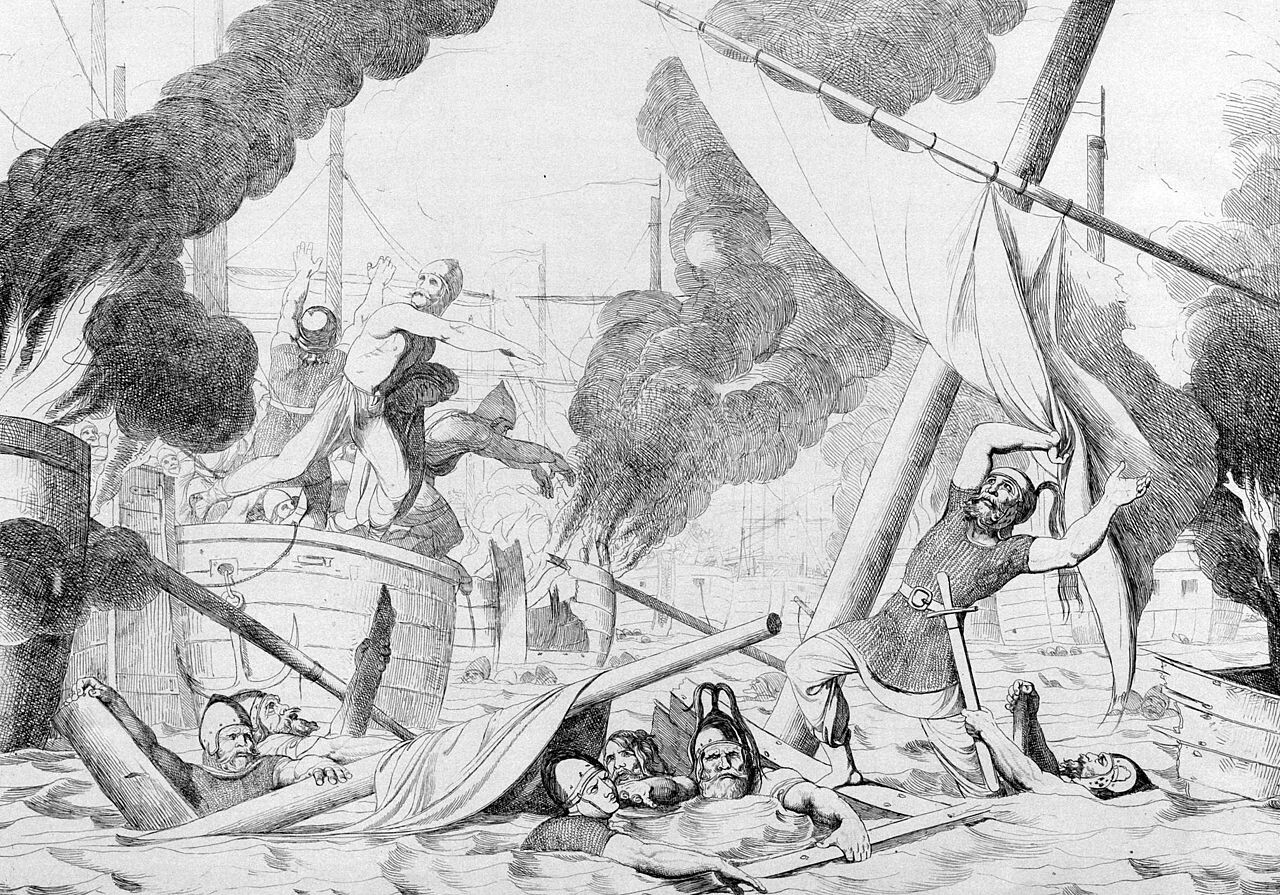 Гръцки огън при обсадата на Константинопол от Игор. Гравюра Ф. А. Бруни, 1839