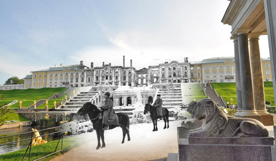 11/16. Петерхоф. Совјетски војници на коњима. Иза њих су рушевине Великог дворца и чувене Самсонове фонтане.