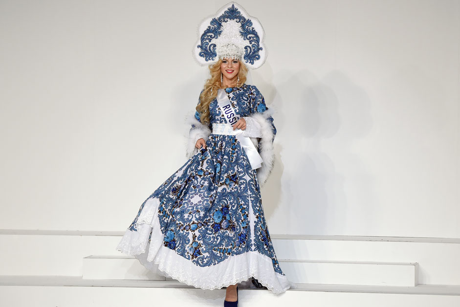 Miss Russia Valeria Kufterina displays her national costume during the Miss International beauty pageant in Tokyo on November 5, 2015. Representatives from 70 countries and regions are taking part in the beauty pageant.