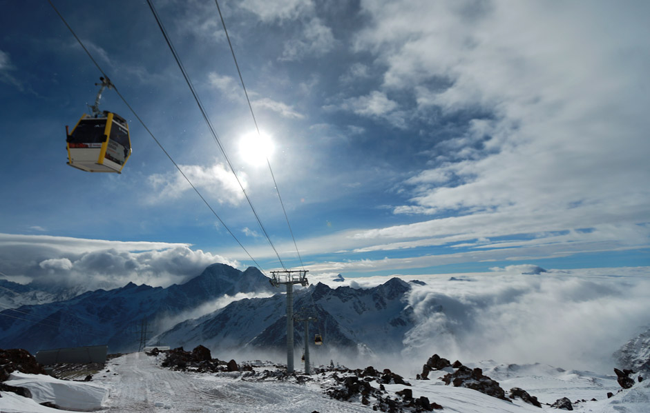 A new cable car on Mount Elbrus, in the Caucasus Mountains. Phase 3 of the new cable car, the highest in Europe, has been put into operation. The facility is part of the Elbrus all-season outdoor activities and recreation resort.