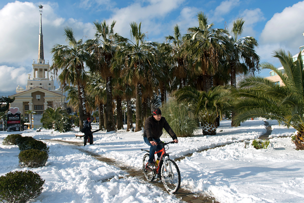 A young man rides a bike through the park near the Marine Station in Sochi.