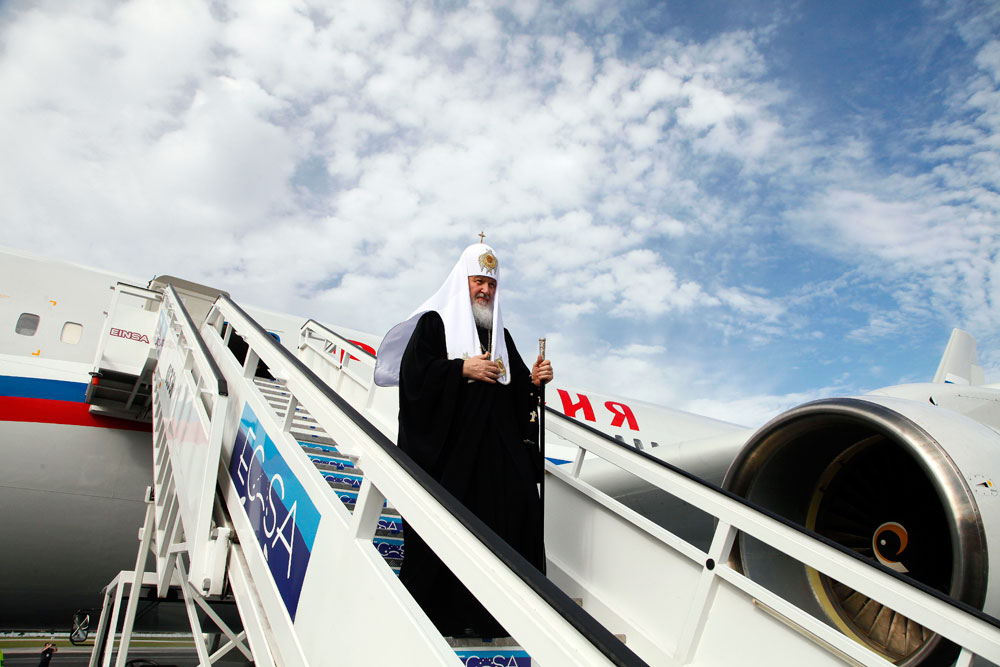Russian Orthodox Patriarch Kirill exits his plane at the Jose Marti International airport in Havana, Cuba. Kirill is traveling through Latin America, visiting national leaders and the region's small Russian Orthodox communities.