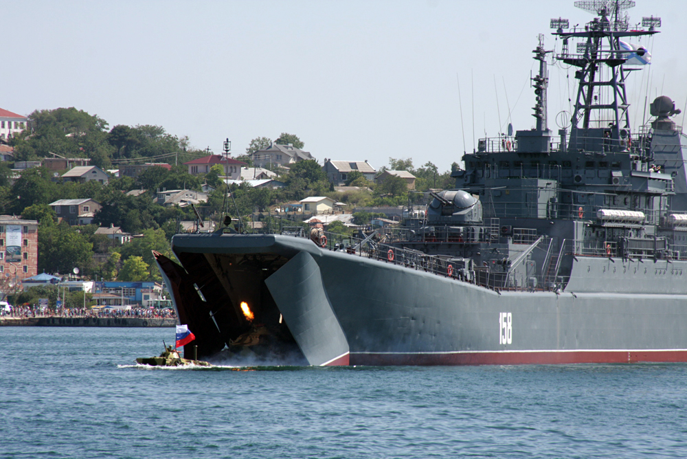 The Russian Navy's major amphibious ship Tsezar Kunikov leaves the Sevastopol harbour.