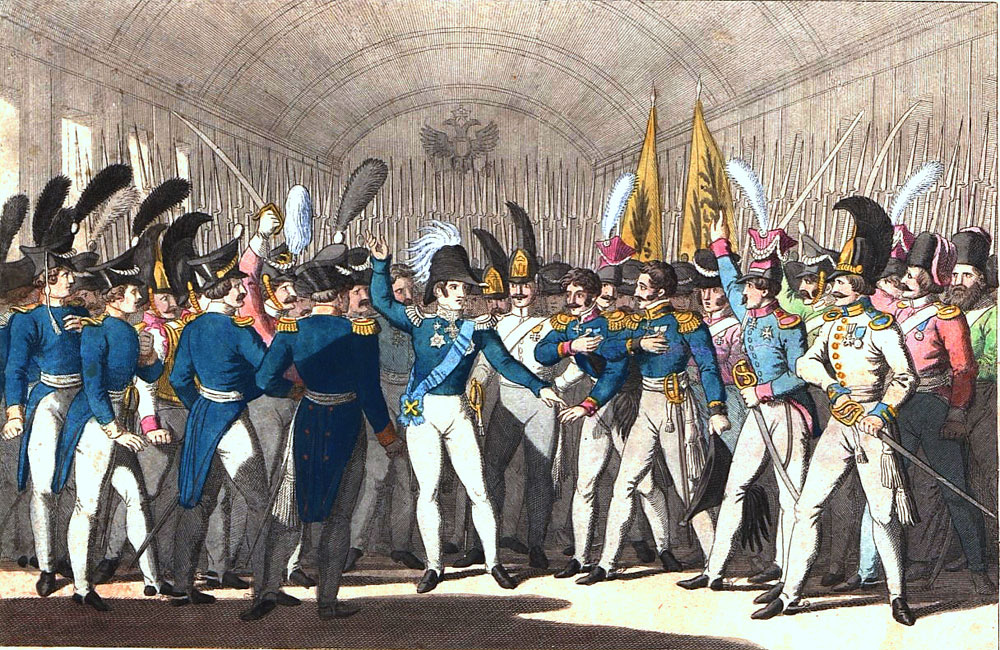 　ニコライI世の革命憎悪はヨーロッパにまで波及した。積極的な軍事行動によりポーランド蜂起（1830）およびハンガリー蜂起（1848-1849）平定を図ったさまは、「ヨーロッパの憲兵」としてのロシアのイメージに貢献した。 //親衛兵らにポーランド蜂起を告げるニコライI世。ゲオルグ・ベネディクト・ヴンダー画