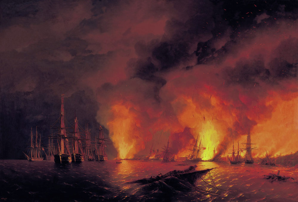 　ヨーロッパの緊張は沸点に達し、クリミア戦争（1853-1856）と呼ばれる大規模軍事衝突が勃発。ロシアは黒海、バルカン半島、コーカサス、さらには北極海で、イギリス、フランス、サルデーニャ、オスマン帝国からなる連合軍と戦った。 //シノープ海戦。イワン・アイヴァゾフスキー画