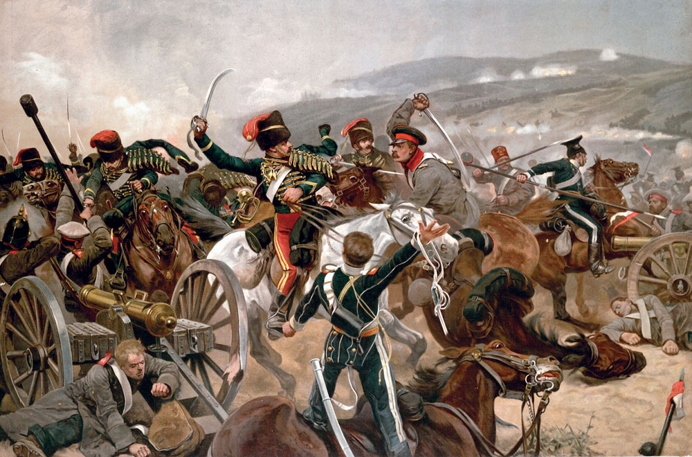 　名高いセヴァストポリ攻囲戦を含め、3年間に及ぶ激戦の末、ロシアは降伏を強いられ、黒海艦隊を放棄した。//バラクラヴァ（クリミア）の戦い。軽装旅団の救出、1854年10月25日。リチャード・カトン・ウッドヴィル画