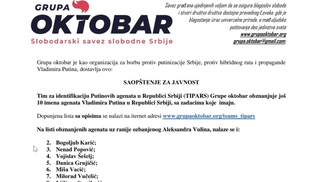 "Октобар" додао још десет људи на листу "Путинових агената" у Србији