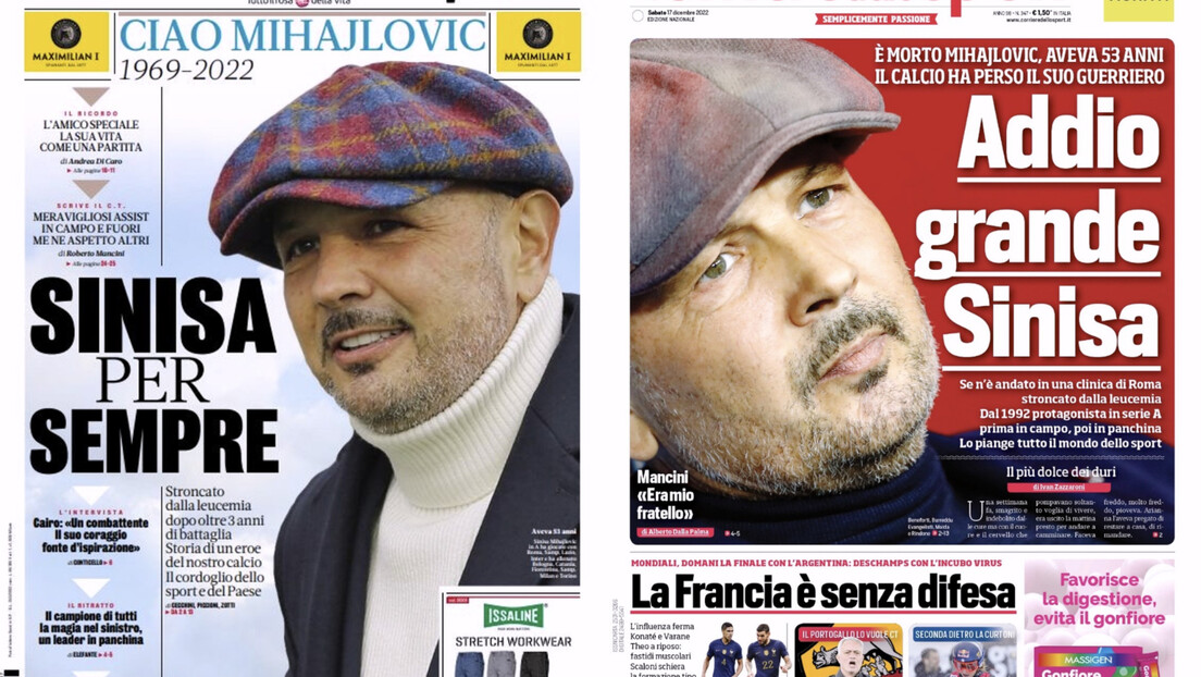 Италија тугује због Михе, насловне стране посвећене легенди - "Адио, гранде Синиша"