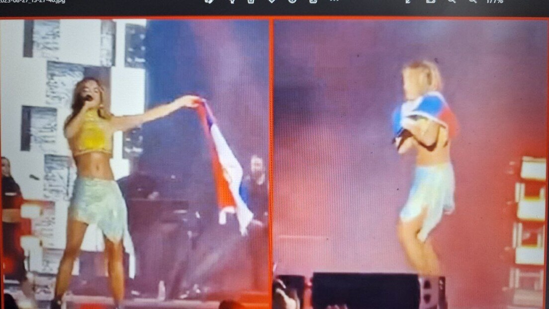 Албанска певачица Рита Ора на наступу огрнута српском заставом (ВИДЕО)