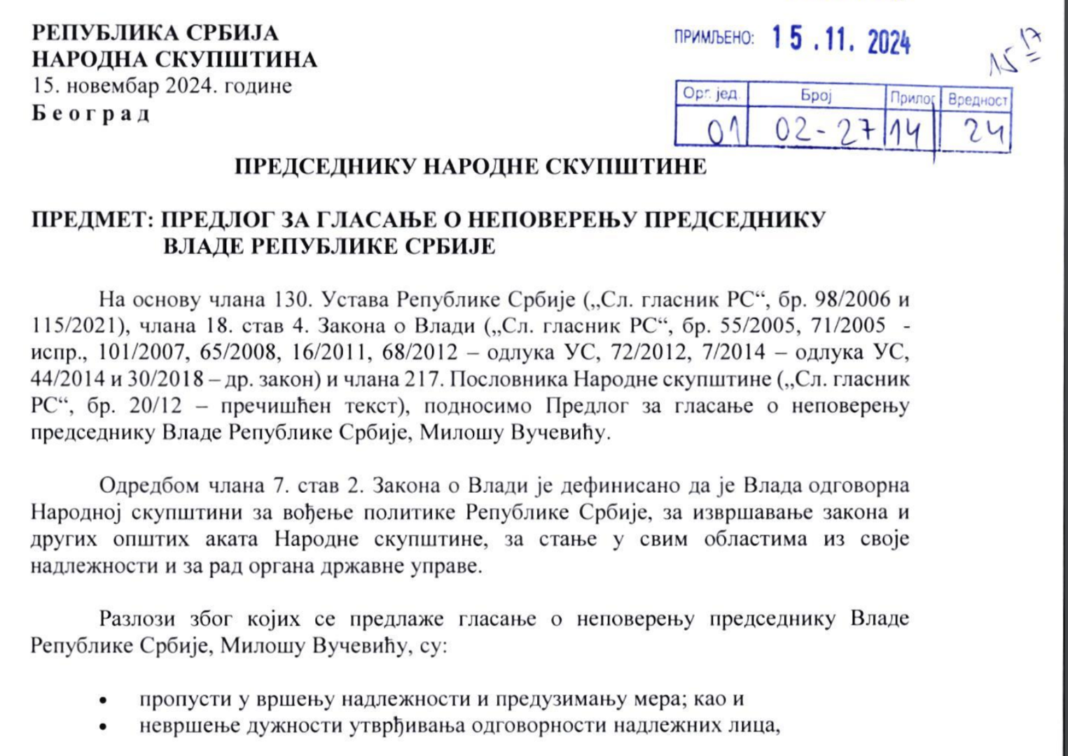 Predlog za glasanje o nepoverenju predsedniku Vlade Srbije